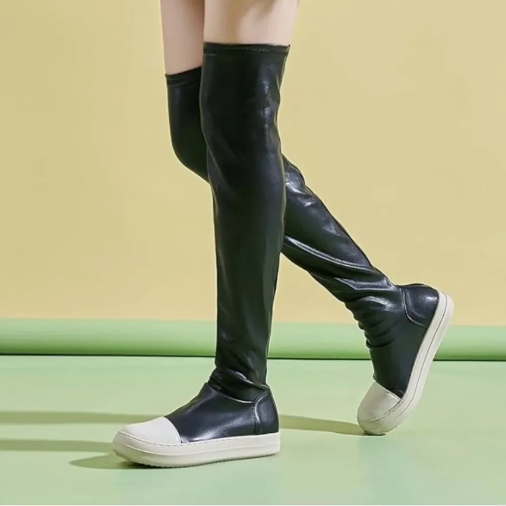 Kluolandi Black Faux Leather White Shoe Over the Knee Pull On Sneaker Boots